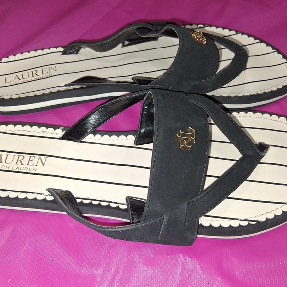 Ralph Lauren Black Sandals with White Stripes - Picture 3 of 5